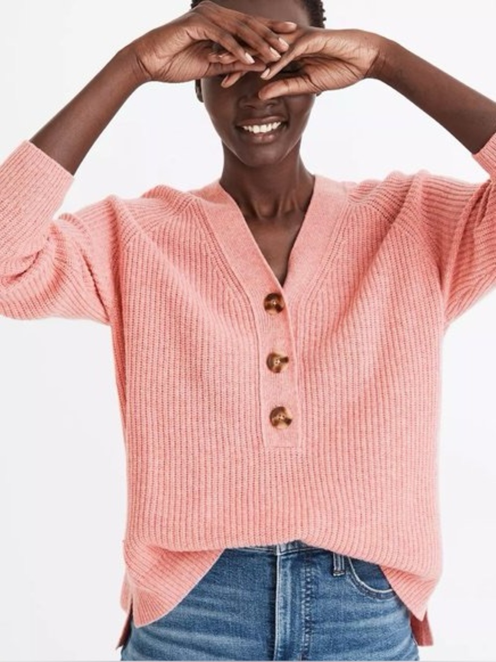 Madewell Henley V-Neck Sweater with Buttons in Watermelon Sugar Pink